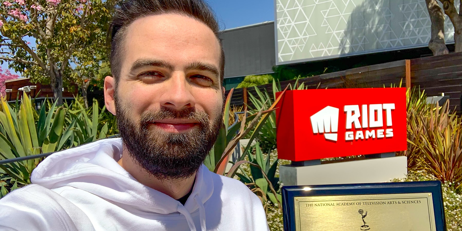 OTC alumnus Jared Smith stands outside Riot Games in Los Angeles